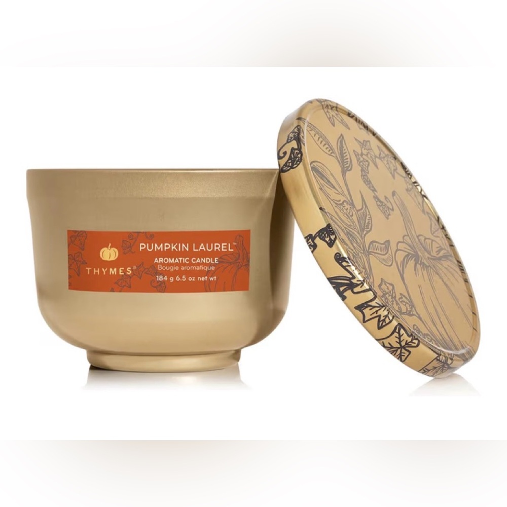 Thymes Scented Candles for Women & Men – Tin with Lid  (Pumpkin Laurel, 6.5 oz)